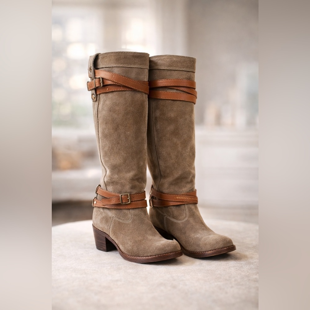 Frye Suede Harness Knee High Boots Olive Green Size 6 - Picture 6 of 11